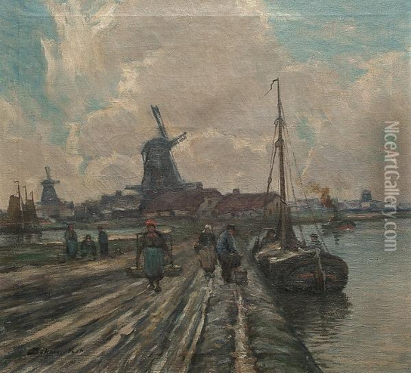 Dutch Workers With Windmills Beyond Oil Painting - Ferdinand Bohmer-Fest