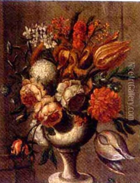 Roses, Tulips And Other Flowers In An Urn Oil Painting - Andrea Belvedere