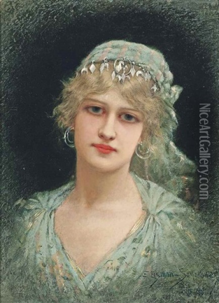 Portrait Of A Lady With An Elaborate Headdress Oil Painting - Emile Eisman-Semenowsky