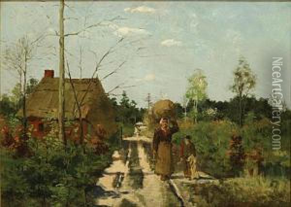 Landweg Bij Een Hoeve Met Personages. Oil Painting - Alois Boudry
