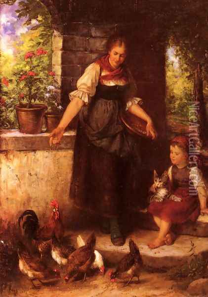 Feeding the Chickens Oil Painting - Rudolf Epp