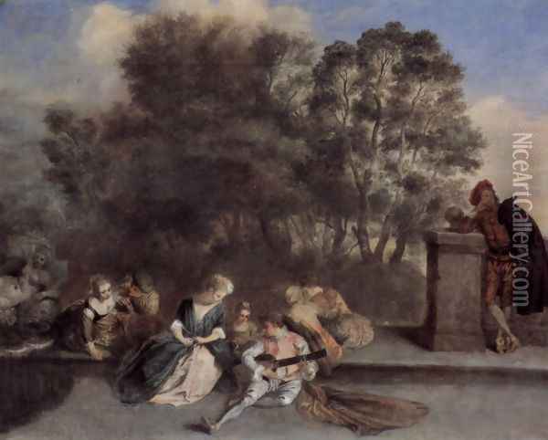 The pastime of the Italian Komoedianten Oil Painting - Jean-Antoine Watteau