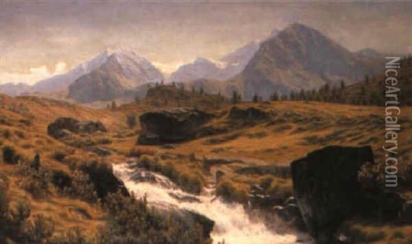 A Mountainous Landscape With A Stream Oil Painting - Henrik Gamst Jespersen