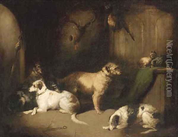 Hounds and terriers in a baronial hall Oil Painting - George Armfield