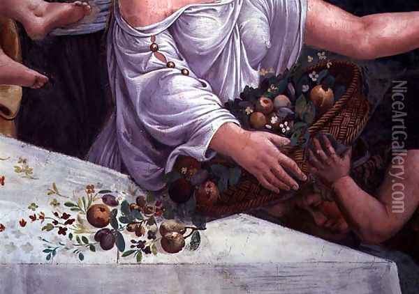 A basket of fruit and flowers, detail of the rustic banquet celebrating the marriage of Cupid and Psyche from the Sala di Amore e Psiche, 1528 Oil Painting - Giulio Romano (Orbetto)