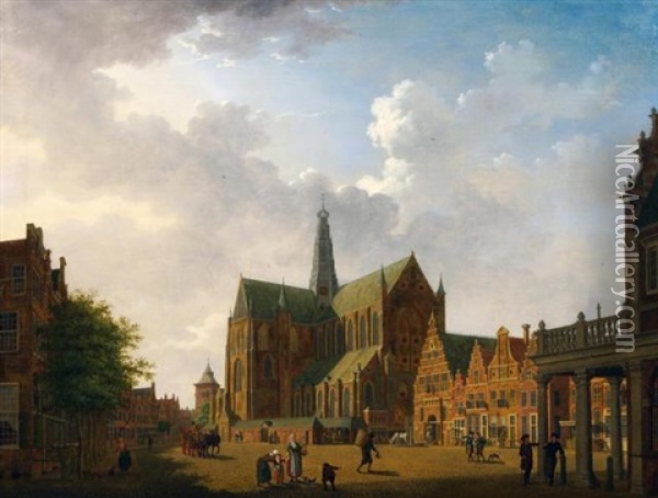 St. Bavo's Cathedral And The Groote Markt In Haarlem Oil Painting - Isaac Ouwater