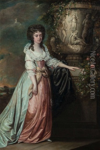Portrait Of A Lady, Standing Beside The Medici Vase, In A Landscape, A Castle In The Distance Oil Painting - Rev. Matthew William Peters