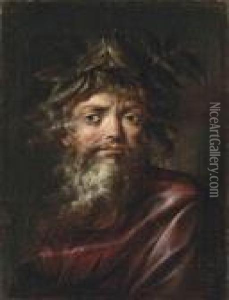 Portrait Of A Philosopher, Bust-length, In A Red Gown Oil Painting - Salvator Rosa