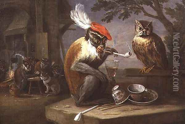 A monkey smoking and drinking with an owl Oil Painting - Ferdinand van Kessel
