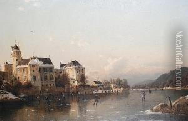 Figures Skating On A Frozen River Oil Painting - Johannes-Bertholomaus Dutntze
