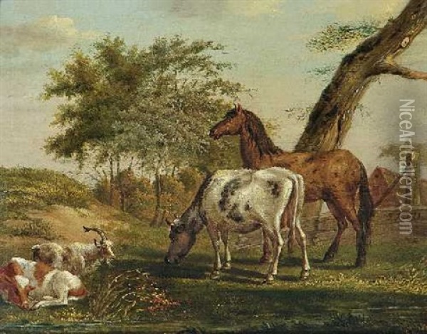 Pferd, Kuhe Und Ziege Am Wasser Oil Painting - Jan Kobell the Younger