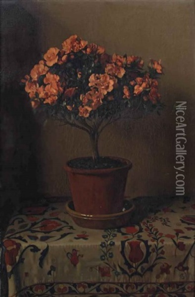Pot Met Roode Azalia's: Red Azalea In A Pot Oil Painting - Willem Arnoldus Witsen