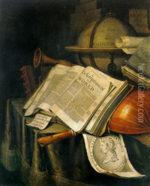 A Vanitas Still Life Of Books, Manuscripts, An Engraving Of The Emperor Augustus Caesar, Musical Instruments, And A Globe Oil Painting - Edward Collier