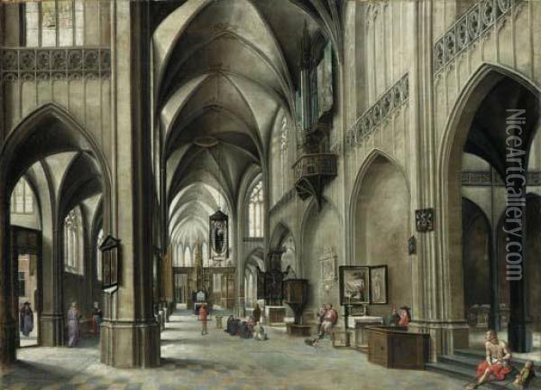 The Interior Of A Gothic Church With A Friar Preaching From Apulpit Oil Painting - Hendrick van, the Younger Steenwyck