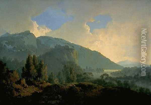 An Italian Landscape With Mountains And A River Oil Painting - Josepf Wright Of Derby