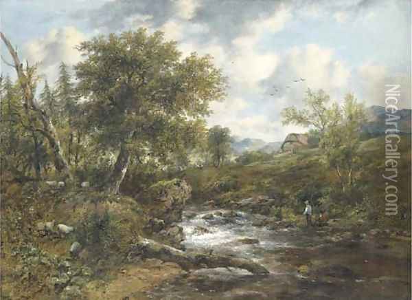 A wooded river landscape with fishermen and sheep on the banks, a cottage beyond Oil Painting - Frederick Waters Watts