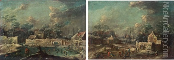 Pendants - Winterlandschaft Mit Pferdeschlitten Und Winterlandschaft Mit Eislaufern (pair) Oil Painting - Jan-Peter van Bredael the Younger