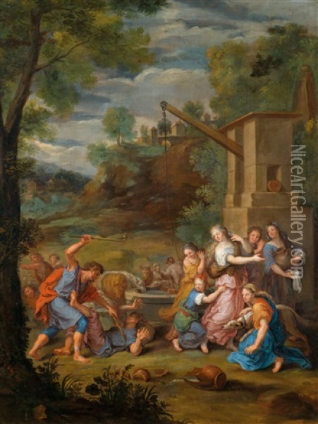 Moses Chasing The Shepherds Away From The Well And Watering The Sheep Of Jethro