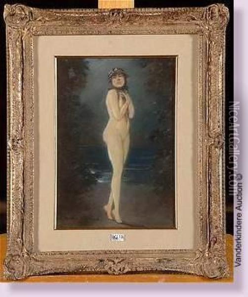 Femme Nue Au Bord De L'eau Au Clair De Lune Oil Painting - Anton Kaulbach