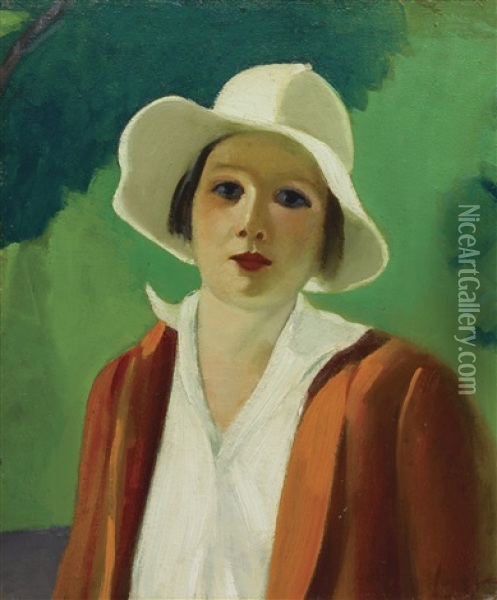 Sketch Of Lady In A White Hat Oil Painting - George Benjamin Luks