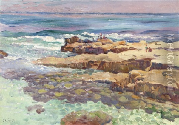 Rocks At La Jolla, Figures On Rocky Coast Oil Painting - Charles Arthur Fries
