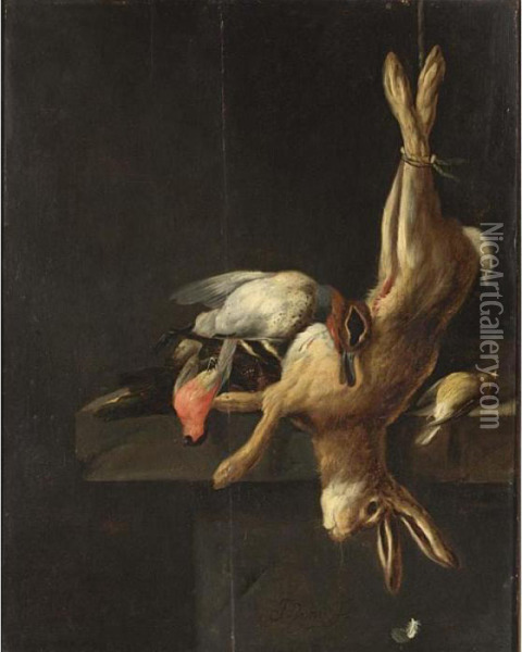 A Hunting Still Life With Game And Poultry On A Stone Ledge Oil Painting - Jacobes Vonck