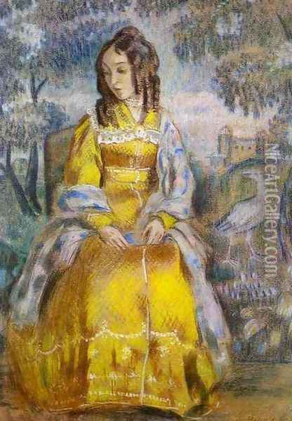 Lady Seated, with a Tapestry in the Background, 1903. Oil Painting - Viktor Elpidiforovich Borisov-Musatov