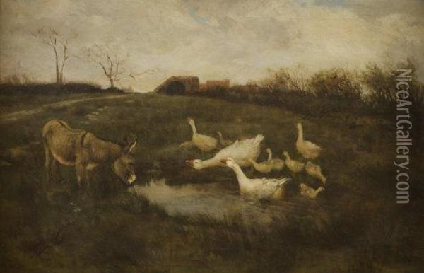 Donkeys And Geese At A Pond Oil Painting - William Henderson