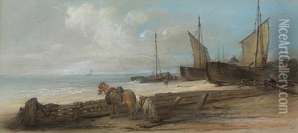 Horses And Boats On A Beach, Possibly Yarmouth Oil Painting - Edward Robert Smythe