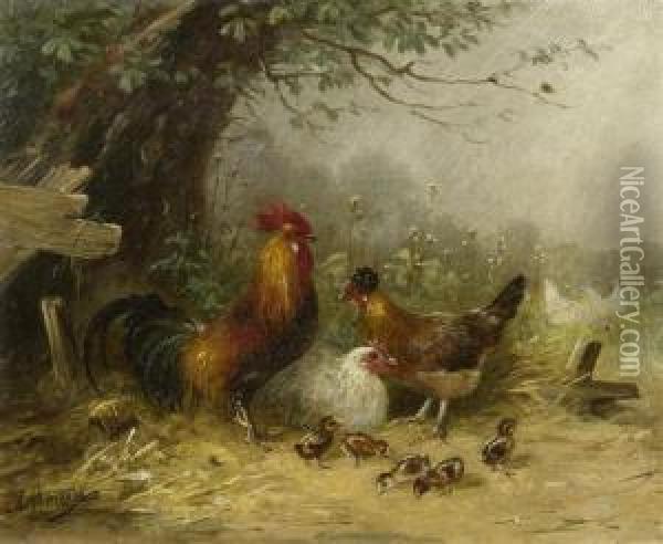 Family Of Hens Under A Tree Oil Painting - Julius Scheurer