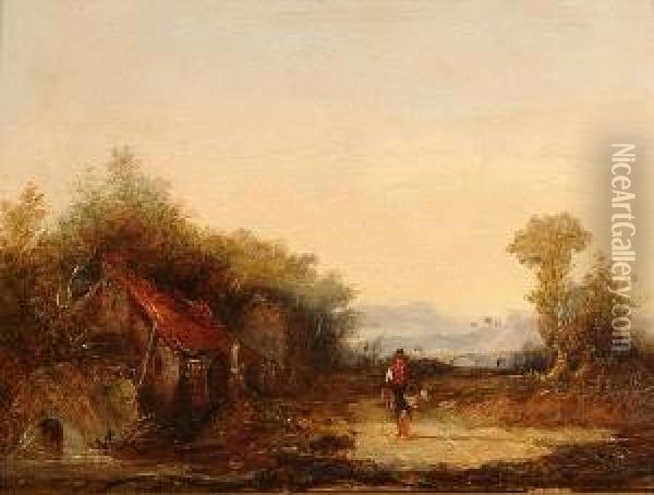 A Figure With A Dog Beside A Watermill Oil Painting - George Jones