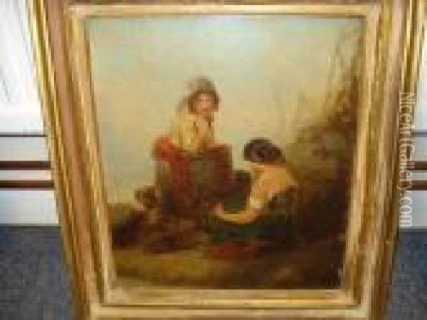 Two Young Women With Baskets On Aquayside Oil Painting - William Joseph Shayer