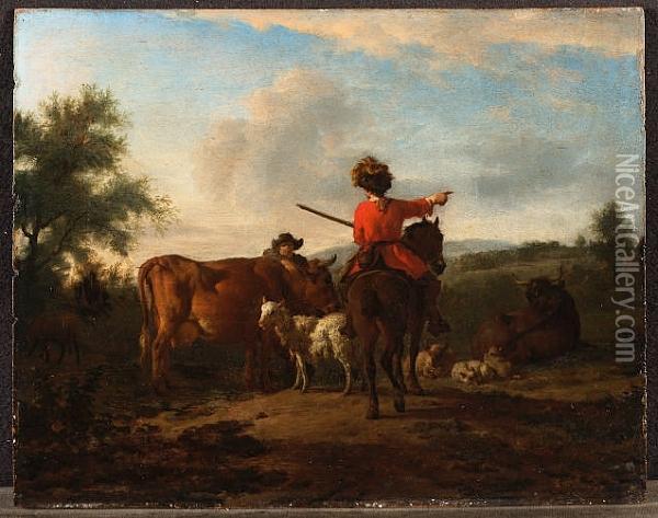 A Horseman Asking Directions Of A
 Shepherd, Leaning On A Cow And Surrounded By Cattle And Sheep Oil Painting - Adrian Van De Velde