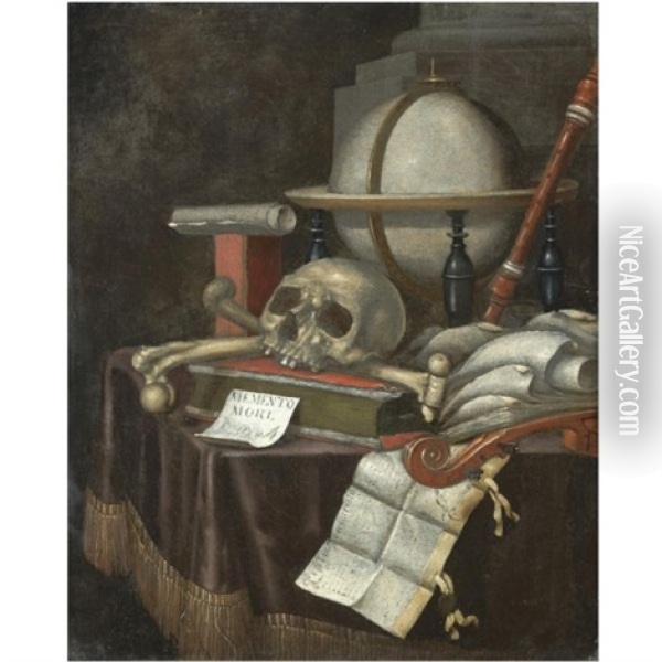 A Vanitas Still Life With A Globe, A Skull And Other Human Bones, Musical Instruments And Several Books All Aranged On A Draped Table Oil Painting - Edward Collier