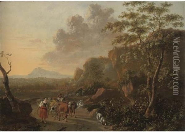 An Italianate Mountainous Landscape With Herdsmen On A Path Oil Painting - Jan Dirksz. Both