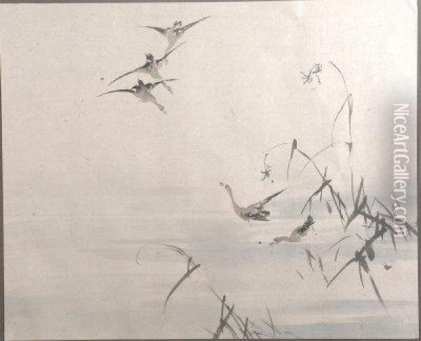 Geese On A Lake Oil Painting - Mochizuki Gyokusen