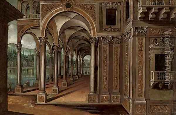 A capriccio of a lakeside palace with elegant company Oil Painting - Paul Vredeman de Vries