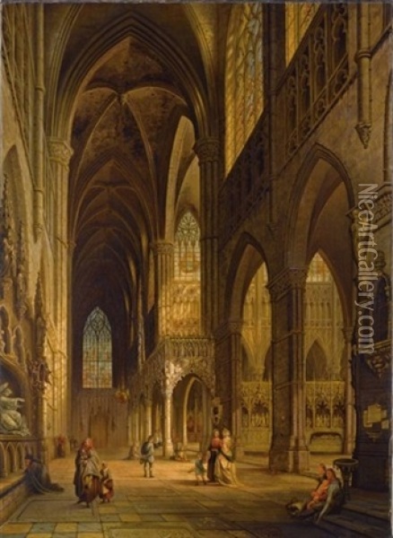 Vue Du Transept De L'eglise Cathedrale D'amiens Oil Painting - Jules Victor Genisson