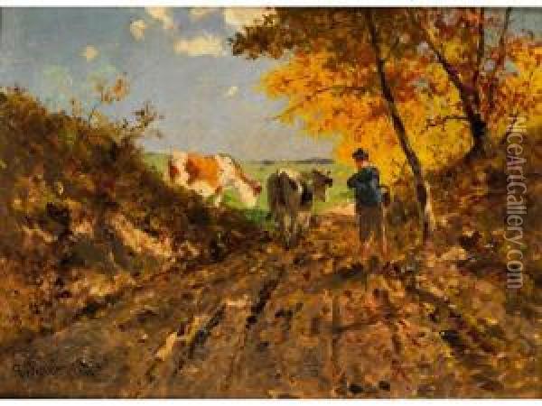 Herbstlandschaft Mit Kuhen Oil Painting - Richard Von Poschinger