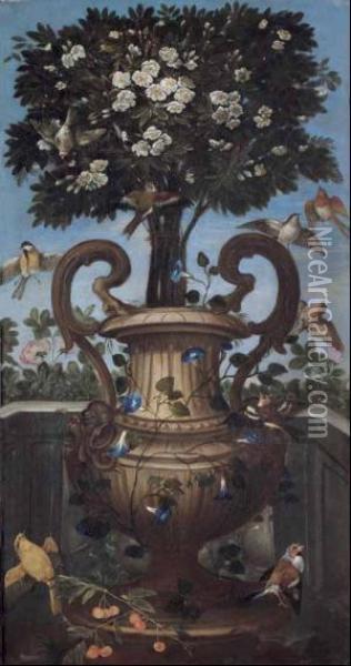 Vaso Di Fiori Con Uccelli Oil Painting - Orsola Maddalena Caccia