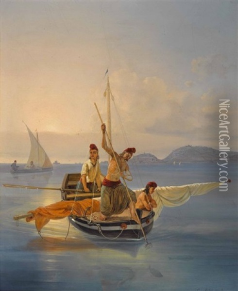 Fischerboot In Suditalienischer Bucht Oil Painting - Karl Wilhelm Von Heideck