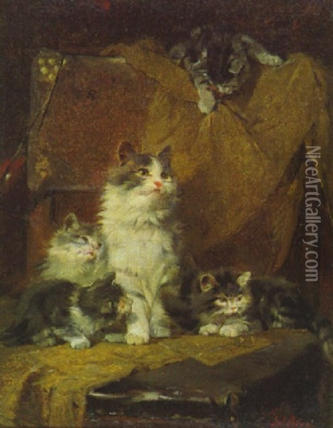 Katze Mit Vier Jungen Auf Einem Stuhl, Uber Dessen Lehne Und Sitz Ein Tuch Hangt Oil Painting - Julius Adam the Younger