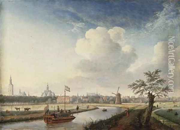 A cappricio view of The Hague, with figures walking along a river and a barge Oil Painting - Jan ten Compe