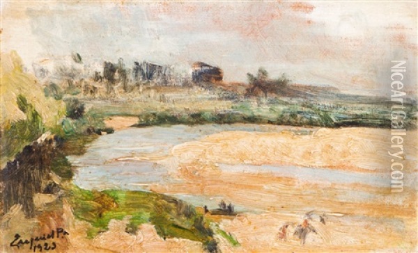 Landscape With River And Houses Oil Painting - Antonio Ezequiel Pereira