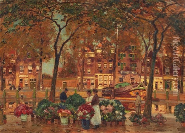 Blumenmarkt An Einer Gracht Oil Painting - Heinrich Hermanns