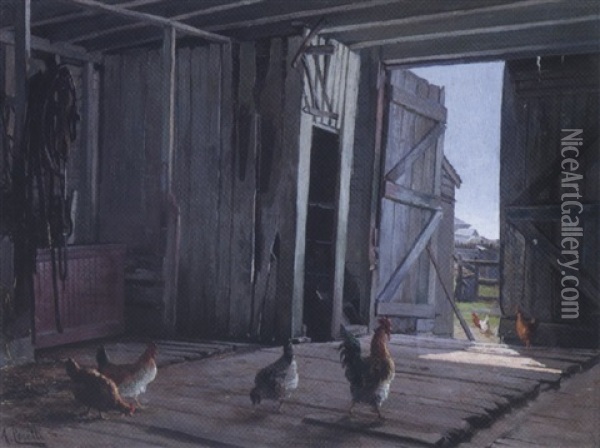 Rooster And Chickens In The Barn Oil Painting - Achille Peretti