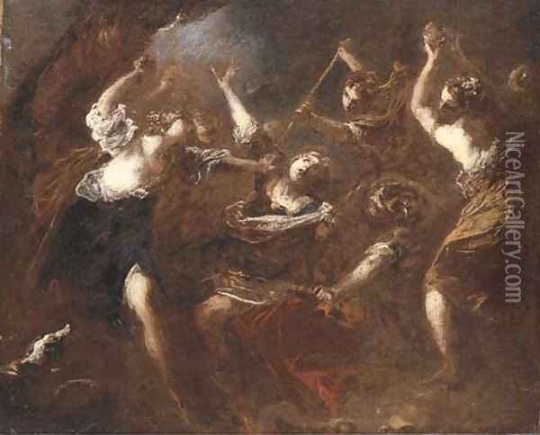 Orpheus attacked by the Maenads of Ciconia a bozzetto Oil Painting - Valerio Castello