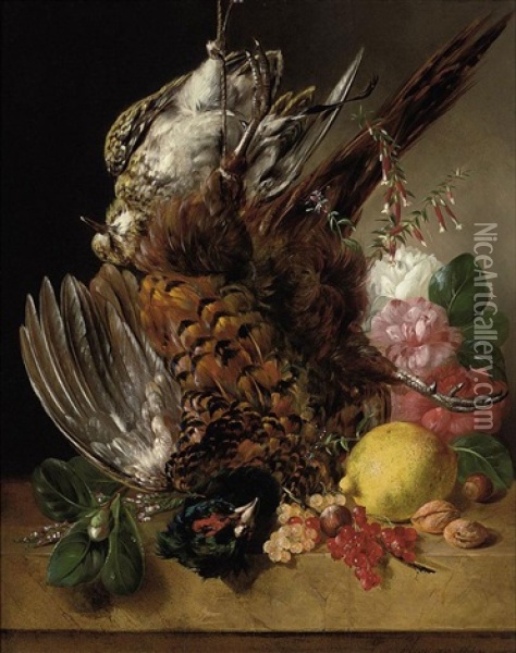 Game, Roses, A Lemon, Walnuts On A Ledge Oil Painting - Francois Joseph Huygens