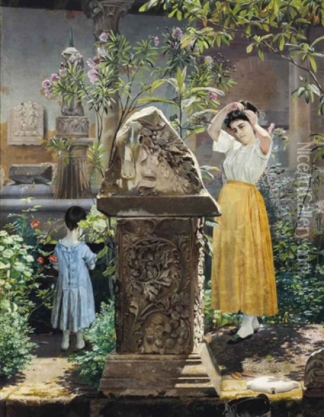 Picking Flowers In A Classical Garden Oil Painting - Niels Fristrupp