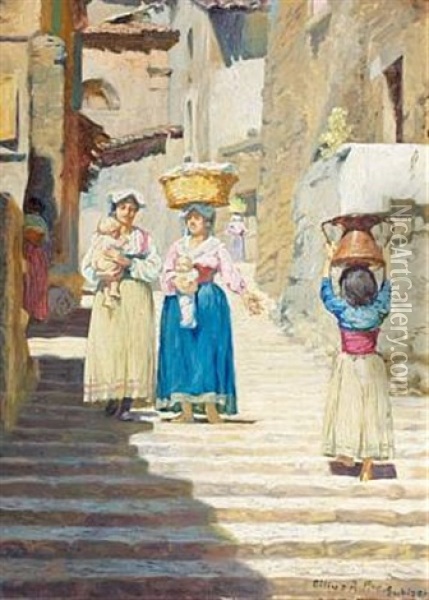 An Italian Town Scenery With Women And Children Oil Painting - Cilius (Johannes Konrad) Andersen